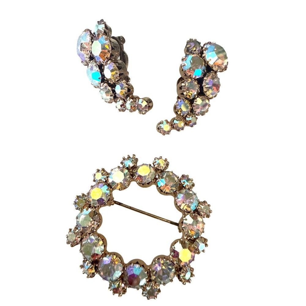Vintage Aurora Borealis Crystal Cluster Earrings & Brooch Set